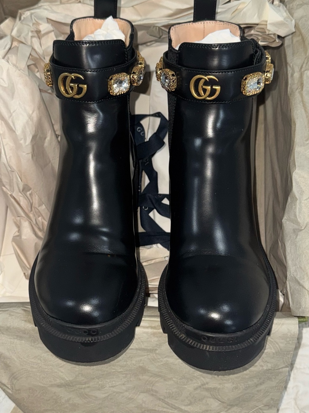 Gucci Black Leather Lace-Up Ankle Boots with Crystal-Embellished GG Strap